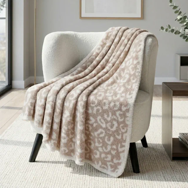 PAVILIA Plush Knit Throw Blanket for Couch Sofa Bed, Super Soft Fluffy Fuzzy Lightweight Warm Cozy All Season, Leopard Beige/Throw - 50x60