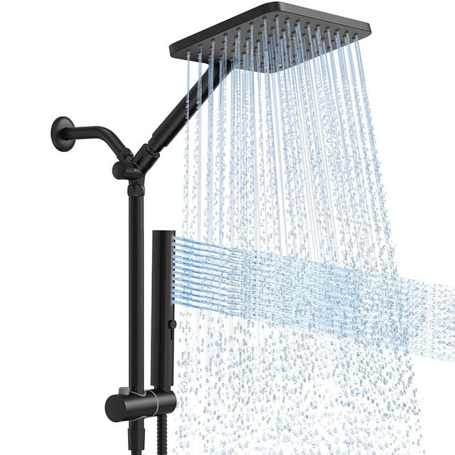 Hombeter Shower Heads with Handheld Spray Combo Matte Black, 10 Inch High Pressure Rain/Rainfall Shower Head, Height Adjustable Dual 2 in 1 Shower Head System with Stainless Steel Hose