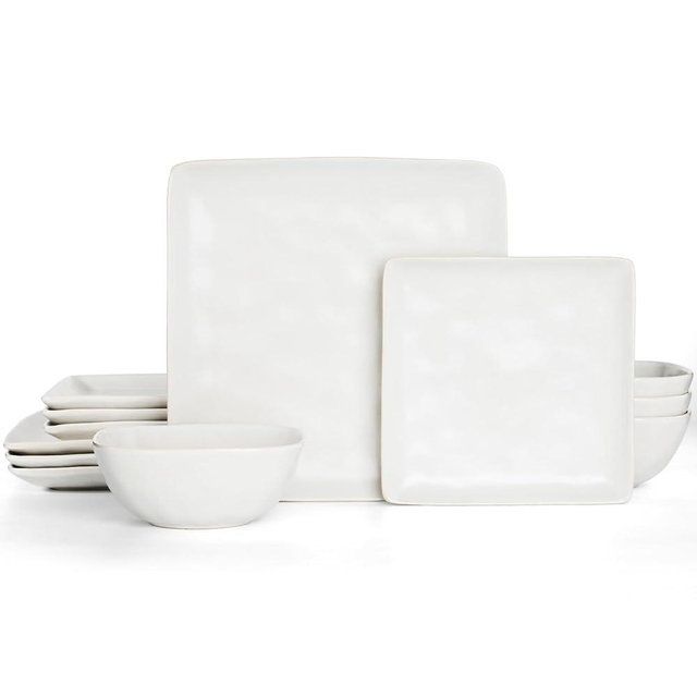 Famiware Dinnerware Sets for 4, Ocean Square 12-Piece Kitchen Plates and Bowls Sets, Microwave and Dishwasher Safe, Scratch Resistant, Matte White