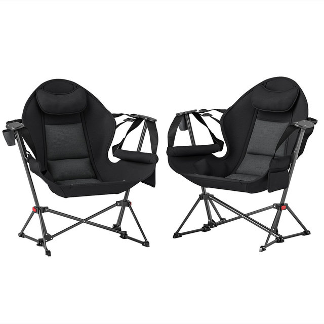 Outsunny Hammock Camping Chair Set of 2, Adjustable Back Folding Rocking Chair with Cup Holder and Padded Seat for Travel Sports Concerts, Black