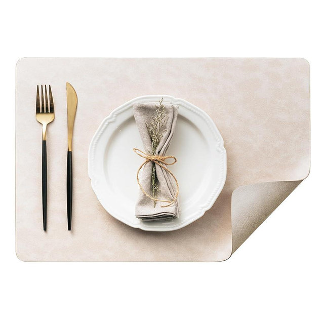 Placemats Set of 8, DOLOPL Reversible Dual-Color Faux Leather Place Mats 17"x11.8"– Waterproof, Heat Resistant, Washable & Wipeable, Luxury Retro Style for Kitchen, Dining Table (Beige & Light Grey)