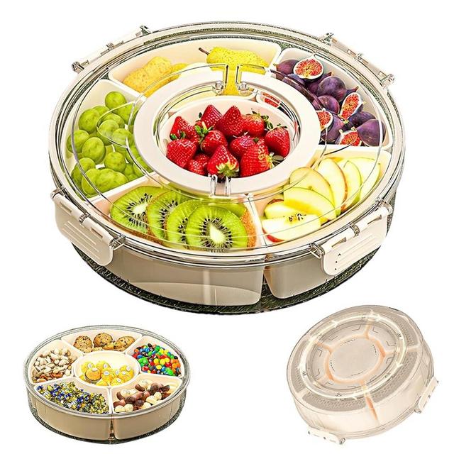 Snackle Box Container Divided Rotating Serving Tray with Lid and Handle, Portable for Fruits Snacks Veggie Charcuterie, Clear Snack Spinner Organizer and Fridge Storage Container for Trave and Picnic