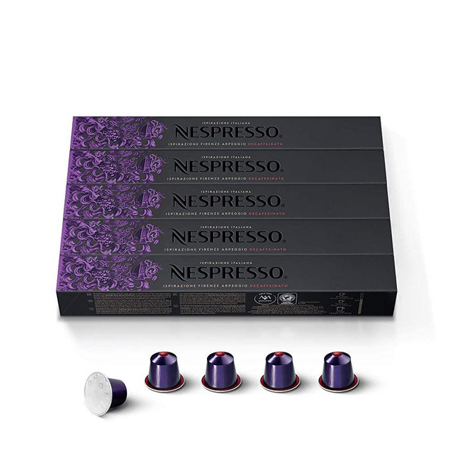 Nespresso Capsules OriginalLine Arpeggio Decaffeinato, Dark Roast Coffee, Coffee Pods, Brews, Dark Roast Espresso, 10 Count (Pack of 5)