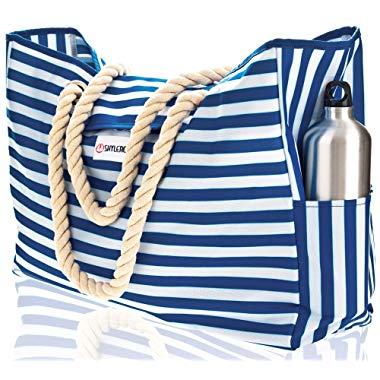 Beach Bag XXL (HUGE). 100% Waterproof. L22"xH15"xW6". Cotton Rope Handles, Top Magnet Clasp, Two Outside Pockets. Blue Stripes Shoulder Beach Tote has Phone Case, Built-In Key Holder, Bottle Opener