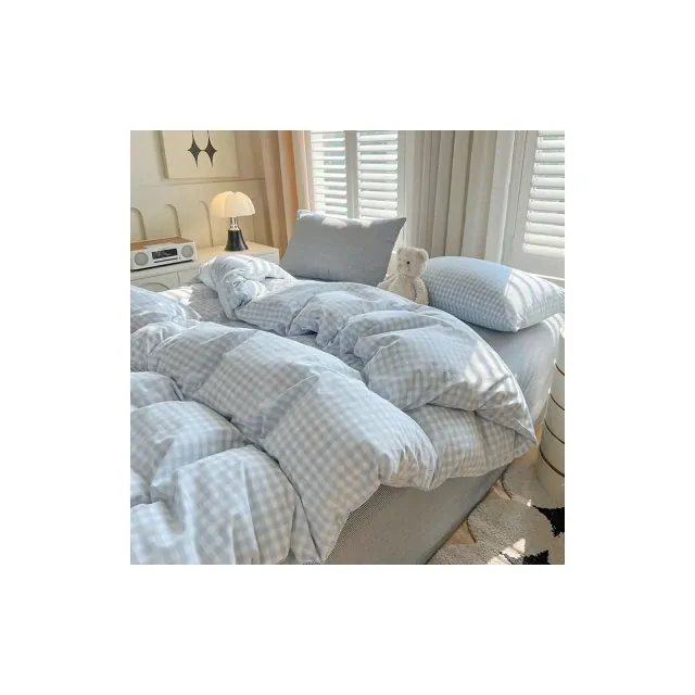 BALHAM TRADE-3 Pcs Gingham Duvet Cover Queen Size Blue White Plaid, Soft Breathable Blue White Gingham King 104" x 90"