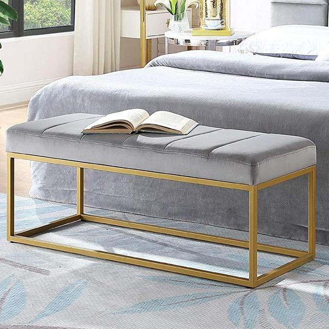 24KF Gray Velvet Upholstered Tufted Channel Bench, Velvet Cushion with Golden Metal Frame -Gray/Golden