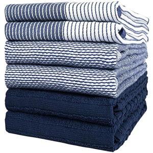 Premium Kitchen Towels (20”x 28”, 6 Pack) – Large Cotton Kitchen Hand Towels – Flat & Terry Towel – Highly Absorbent Tea Towels Set with Hanging Loop (Navy Blue)