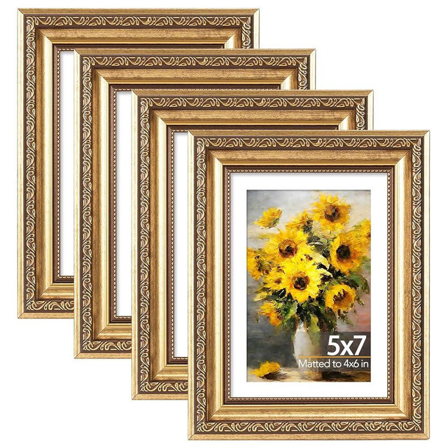 JCJMY 5x7 Vintage Picture Frame with 4x6 Mat Set of 4, Elegant Retro 5 by 7 Photo Frame with Shatter-Resistant Plexiglass for Wall or Tabletop Display, Gallery Decor & Gift, Gold, 4 Pack