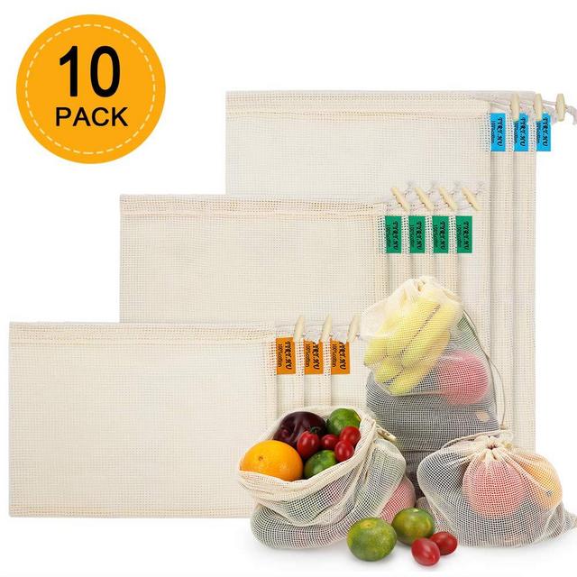 Reusable Produce Bags 10 PCS, Organic Cotton Mesh Bags for Fruit and Veg Grocery Shopping and Storage, (S, M, L)