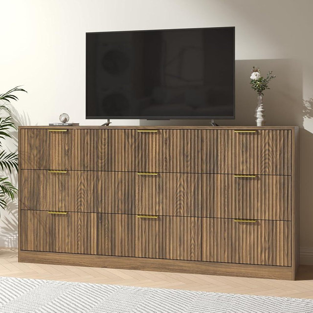 NOVAMAISON Dresser for Bedroom with 9 Drawer, 63” Wide Wooden Dresser Mid Century Chest of Drawers with Metal Handle, Dressers TV Stand Storage Organizer for Closet, Bedroom, Living Room, Walnut