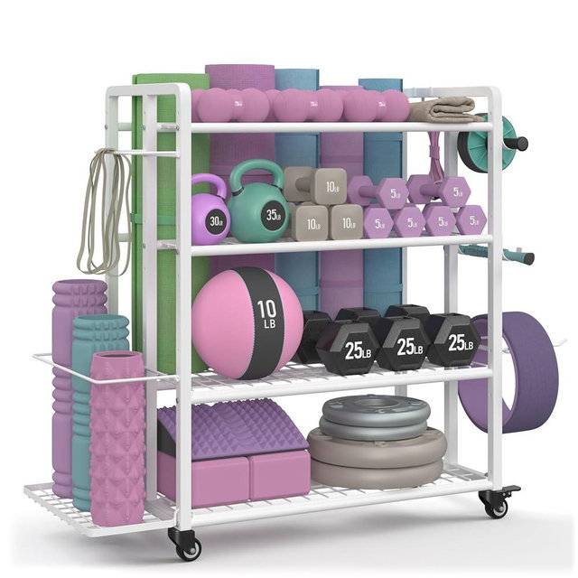 4-Tier Dumbbell Rack Stand Only, Adjustable Weight Rack for Dumbbells Kettlebells Yoga Mat, Home Gym Storage Rack with Wheels and Hooks, Powder Coated Finish