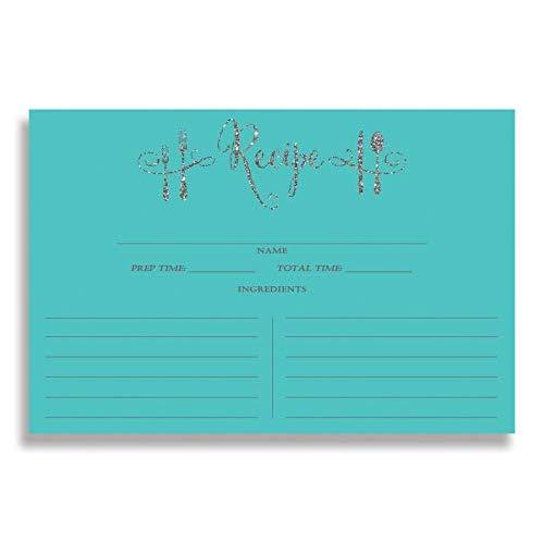 Tiffany Blue Recipe Cards (Set of 25) 4x6 inches. Double Sided Thick Card Stock Elegant Turquoise Blue and Silver Glitter Calligraphy Recipe Cards | Mila Tiffany
