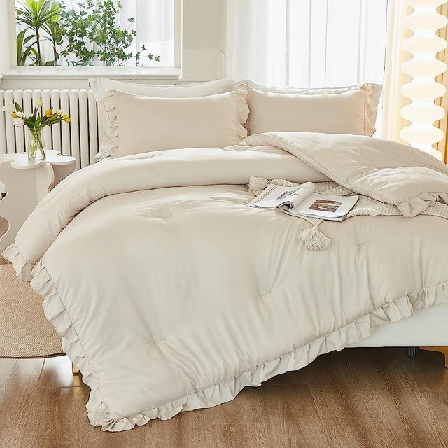 Litanika King Comforter Set Beige, 3 Pieces Ruffle Farmhouse Aesthetic Bedding Comforter Set, Lightweight Fluffy Microfiber Bed Set (104x90In Comforter, 2 Pillowcases)