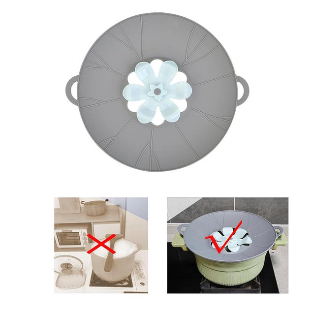 Spill Stopper Lid Cover, Boil Over Spill Stopper, Silicone Pot Lid, 10.24" Spill Stopper, Microwave Splatter Cover with Vents, Multi-Function Kitchen Tool (Grey)