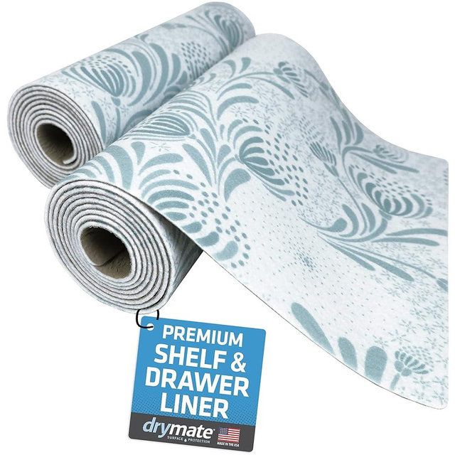 Drymate Premium Luxury Shelf & Drawer Liner, Thick Cushioned Fabric, Non-Adhesive, Absorbent, Waterproof, Slip-Resistant, Liners for Kitchen Cabinets, Cupboards (USA Made)(12”x59”)(2-Pack)(Light Blue)