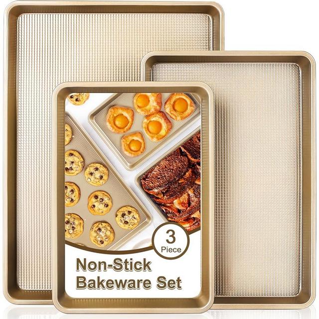 FLAREFX Baking Sheet Pan Set of 3, Nonstick Cookie Sheets for Baking Supplies, Carbon Steel Half Sheet Pan, Jelly Roll Pan, Quarter Sheet Pan Baking Tray with Diamond Texture, Heavy Duty Tray for Oven