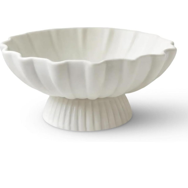 White Pedestal Fruit Bowl for Kitchen Counter, 9-Inch Ceramic Centerpiece Bowl with Fluted Texture, Modern Farmhouse Coffee Table Decor for Dining Table,Entryway Key Bowl, HouseWarming Gift