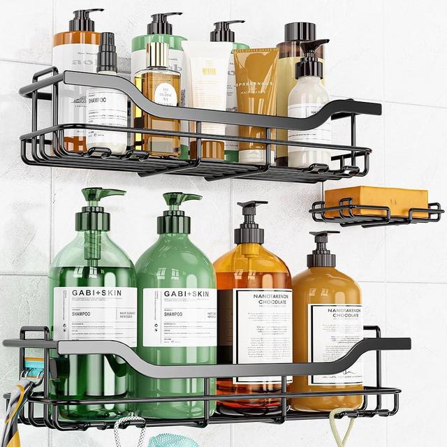OMAIRA Shower Caddy 3-Pack, Adhesive Shower Organizer with Soap Holder, Rustproof No Drilling Shower Shelves for Inside Shower & Bathroom Organizer, Black(Large)