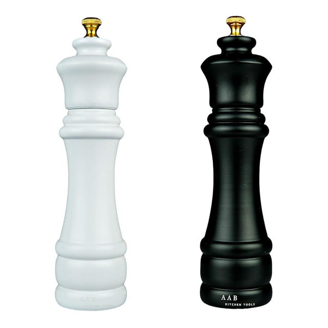 Wooden Salt And Pepper Grinder Set, Manual Refillable Large Salt and Pepper Shaker Mill, Black and White with Adjustable Ceramic Grinding Mechanism for Customized Coarseness, 8 inches Large, Pack of 2