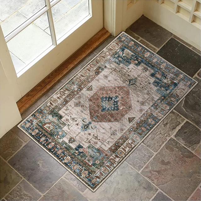 Washable Indoor Doormat, Non Slip Retro Floor Mat 24" x 36" Area Rug Quick Absorbent Entrance Rug Distressed Front Door Mat, Welcome Mats Entryway Rug Doormats for Kitchen Home Patio - Ivory/Blue Rust