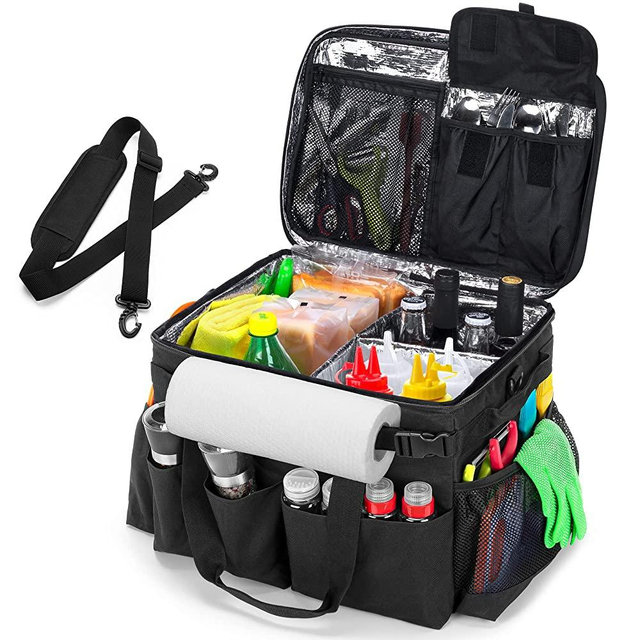 HODRANT Large Grill Caddy with Lid, BBQ and Picnic Bag Organizer with Paper Towel Holder, Tailgating Accessories Basket for Barbecue Utensil & Camping Gear Must Haves, Black, Bag Only