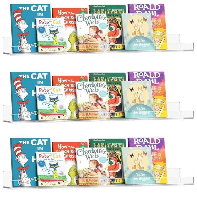Famyards 36 inch Clear Acrylic Floating Shelves Wall, Bookshelf for Kids, Magazine Rack, Picture Ledge Shelf Storage of Books,Picture, Vinyl Records and Small Ornaments on Wall, Pack of 3