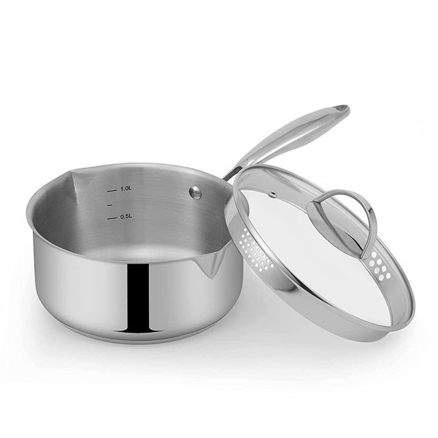 Mr. Right Stainless Steel Saucepan with Strainer Glass Lid, 2.0 Quart Multipurpose Sauce Pan, Sauce Pot with Side Spouts for Easy Pour with Ergonomic Handle