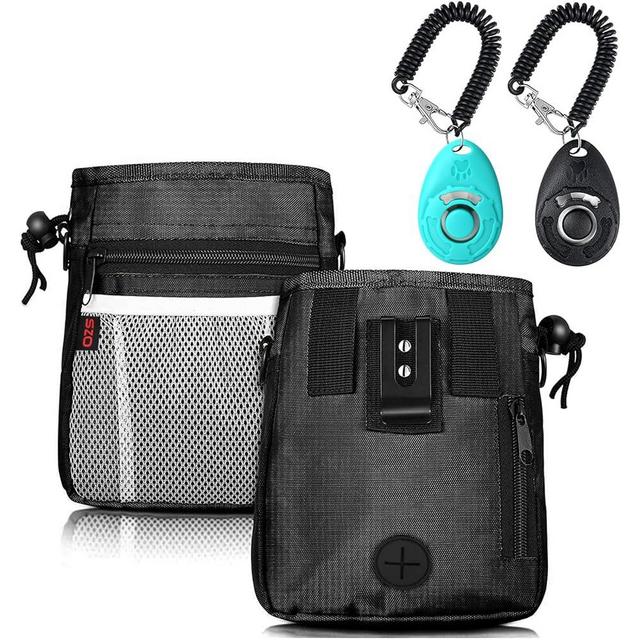 Dog Treat Pouch - 3 Ways to Wear Treat Pouches for Pet Training and 2 Pieces Clicker Taining for Dogs, Dog Training Treat Pouch Bag and Dog Clicker for Training with Waist Belt Shoulder Strap - Black