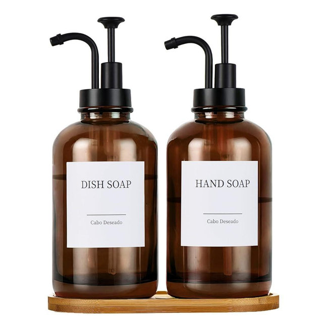 Glass Soap Dispenser with Pump, Dish and Hand Soap Dispenser for Kitchen Bathroom Set, Clear Glass Dispenser Set of 2 Pack with 18 Stickers Funnel Bamboo Tray 500ml 18oz Amber