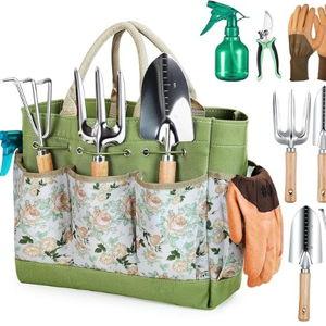 Grenebo Gardening Tools 9-Piece Heavy Duty Garden Hand Tools with Fashion and Durable Garden Tools Organizer Handbag, Rust-Proof Garden Tool Set, Ideal Gardening Gifts for Women