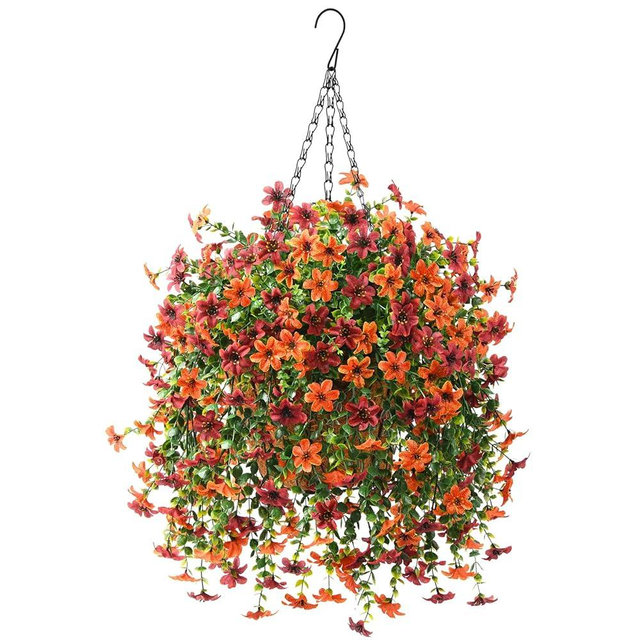 Artificial Faux Hanging Flowers Plants Basket for Outdoor Outside Fall Decoration,Fake Silk Daisy in Planter Realistic UV Resistant for Home Porch Balcony Patio Yard Autumn Decor（Orange Brown