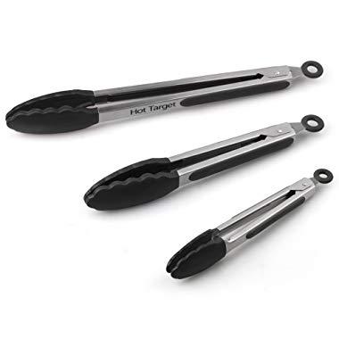 Hot Target Set of 3-7, 9, 12 inches, Heavy Duty, Non-Stick, Stainless Steel Silicone Bbq and Kitchen Tongs (Can Also Be Used as Bbq Turners), (Pack of 3, Black)