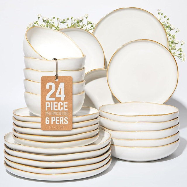 Pokini 24 Pieces Dinnerware Set for 6 with Pasta Bowls, Complete Ceramic Dish Set, Stackable & Glossy Stoneware Plate and Bowl Set for Effortless Everyday Hosting, White