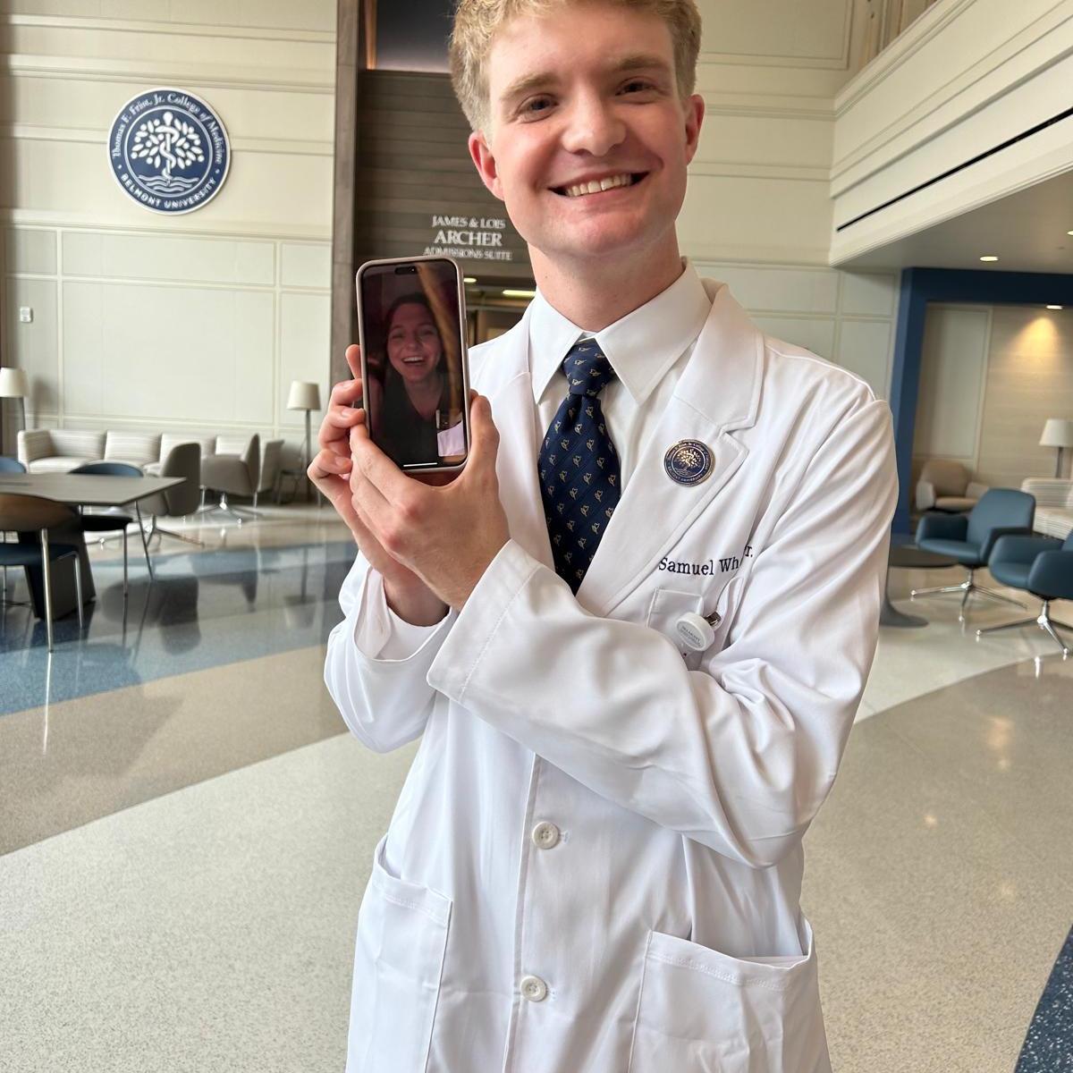 August 2024: Alexis on FaceTime in the Philippines supporting Samuel's White Coat Ceremony for medical school!