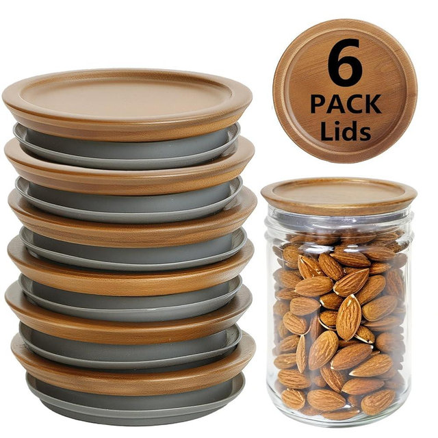 6 Pcs Mason Jar Lids, Regular Mouth Jar Lids Made Of Acacia Wood, Wooden Lids for Mason Jars With Airtight Silicone Seal, For Storing Items(Brown, Excluding Jars)