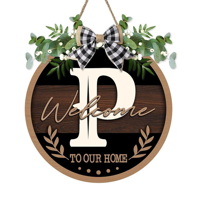Bolisom Monogram Letter P Front Door Sign, Welcome to Our Home Family Last Name Initial Wooden Hanger Decor Housewarming Wedding Gifts, Farmhouse Rustic Wreath Indoor Wall Hanging Decoration with Bow