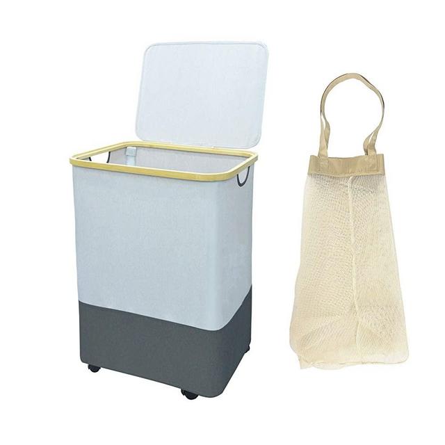 Large Laundry Hamper with Lid and Removable Laundry Bag, Collapsible Laundry Basket with Wheels, 105L Capacity Dirty Clothes Basket with Handles for Bedroom, Laundry Room, Beige-Black