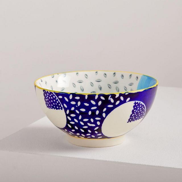 Hand-Painted Pattern Pop Bowl, Large, Landscape Blue Festive Shapes, Set of 4