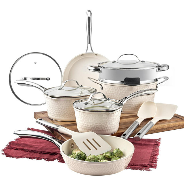 Gotham Steel Hammered Cream 15 Piece Ultra Ceramic Nonstick Cookware Set with Utensils