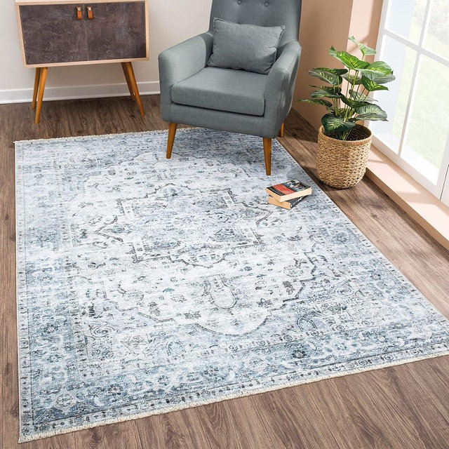 Bloom Rugs Caria Washable Non-Slip 3x5 Rug - Ivory/Blue/Gray Traditional Area Rug for Living Room, Bedroom, Dining Room, and Kitchen - Exact Size: 3' x 5'
