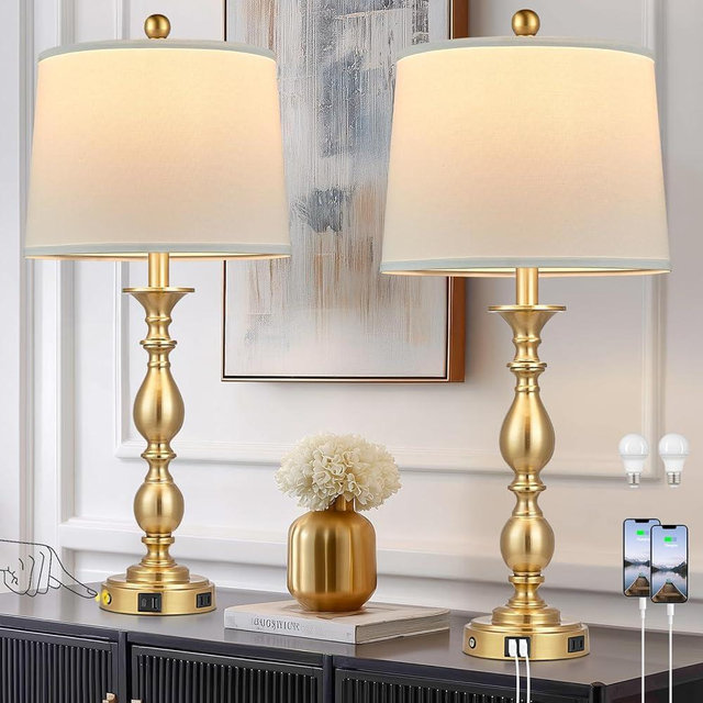 MOUVOVO 28" Tall Modern Table Lamps Set of 2 with USB A+C Ports and AC Outlet, 3 Way Touch Metal Bedside Lamps for Bedroom, Gold Farmhouse Nightstand Lamps for Living Room