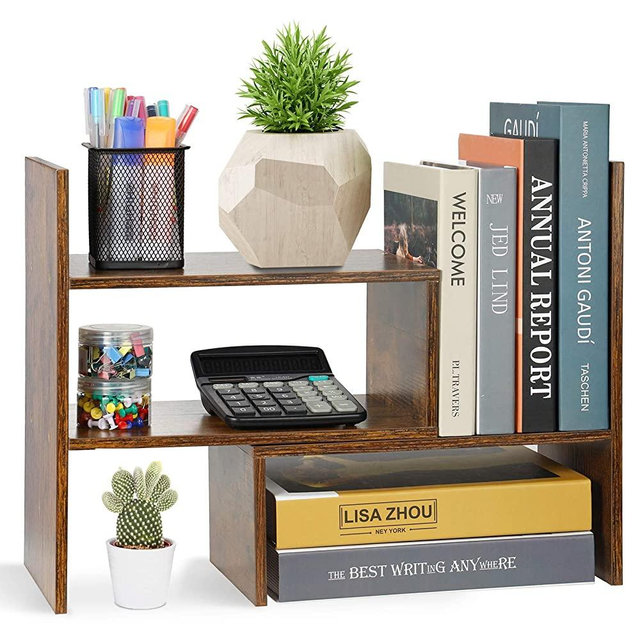 Expandable Wood Desktop Bookshelf Desktop Organizer Office Storage Rack Wood Display Shelf, Counter Storage Rack Top Bookcase - Freestyle Display Natural Stand Office Supplies Desk Organizer, Brown