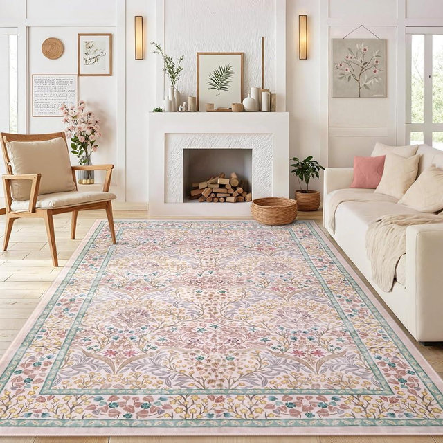 Lahome Floral Washable Area Rugs 5x7, Soft Pink Rugs for Living Room Bedroom, Boho Non Slip Low Pile Forest Stain Resistance Large Giverny Carpet for Farmhouse Dining Room Office, Pink