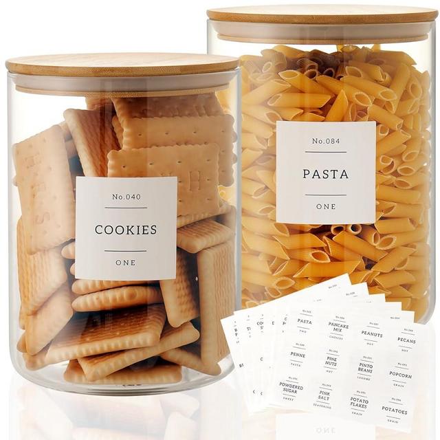 CZZGSM Set of 2 Large Glass Flour and Sugar Containers - 100 Fl oz Thicken Glass Storage Jars with Airtight Bamboo Lid and 132 Kitchen Pantry Labels - Big Clear Rice Containers Farmhouse