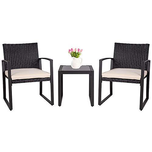 SUNLEI Outdoor 3-Piece Bistro Set Black Wicker Furniture-Two Chairs with Glass Coffee Table (Beige Cushion)