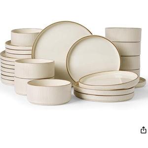 Famiware Star Dinnerware Set, Plates and Bowls Sets for 8 (24pcs), Ribbed Stoneware Dishes - Chip & Scratch Resistant, Microwave & Dishwasher Safe, Cream