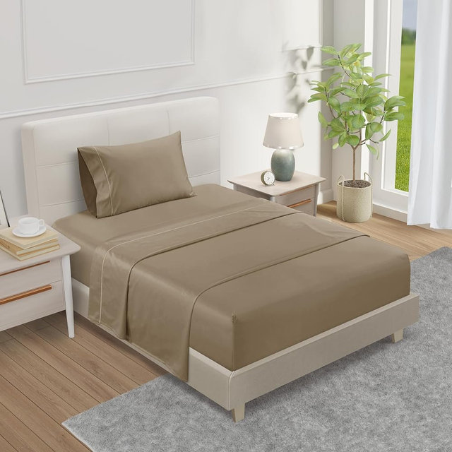 100% Cotton Sheets For Sateen Weave Twin Bed, 800TC Fully Elasticated Twin Fitted Sheet & Pillowcase Set, 15" Deep Pocket Sheets Machine Washable, Naturally Cool & Breathable - Taupe