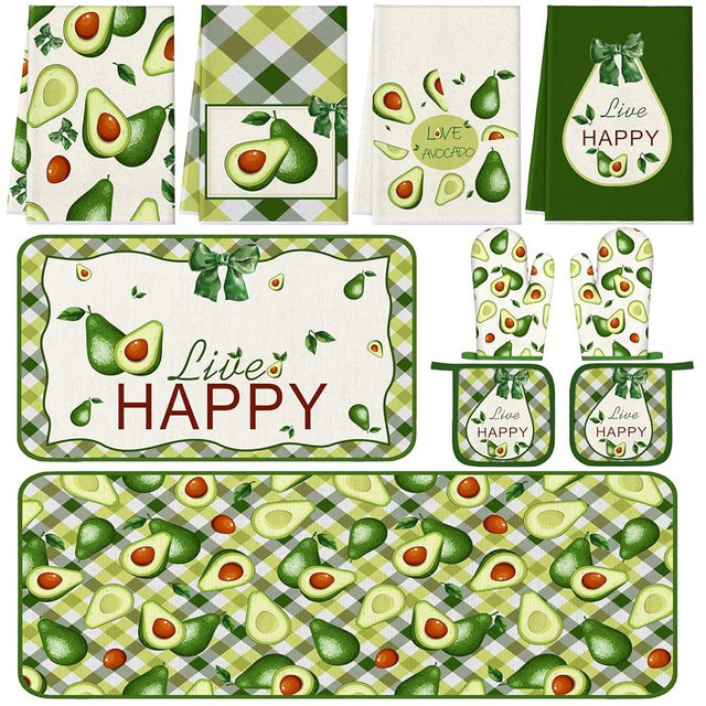 Fourluoo 10 Pcs Avocado Farmhouse Kitchen Decor Set Dish Towels Kitchen Rugs Oven Mitts and Pot Holders Set for Cooking Baking Grilling Women Mom Daughter Gift(Green)
