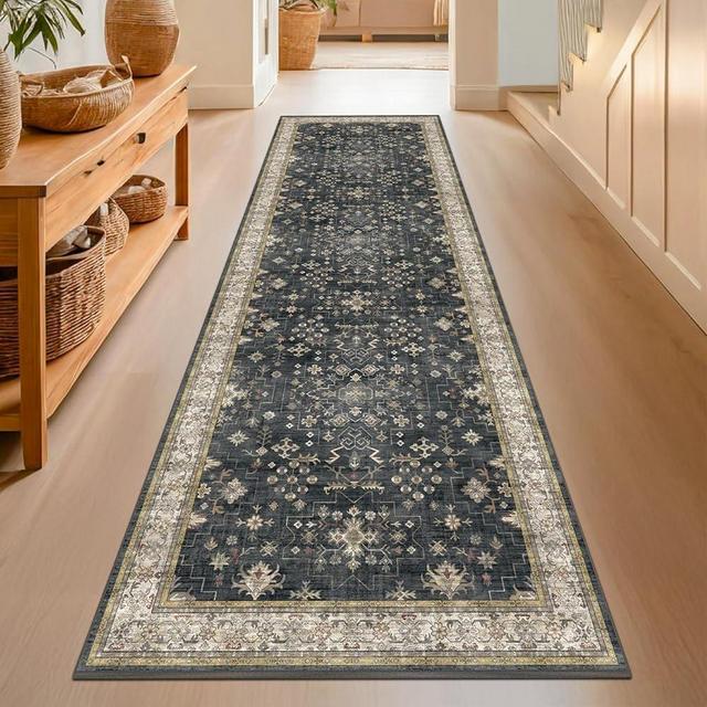 Black Washable 2'6"x8' Kitchen Runner Rug, Long Rugs for Hallway, Bathroom, Entryway Indoor, Non Slip Rubber Backing Boho Vintage Floor Decor