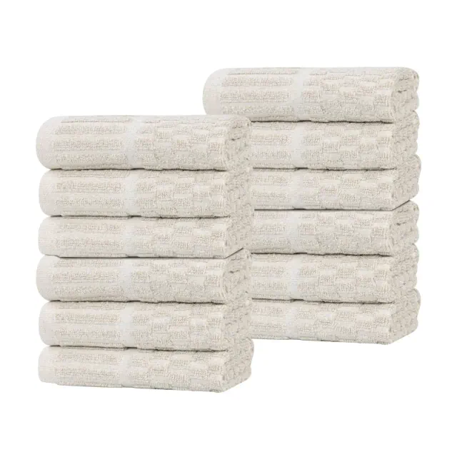 Viscose Cotton Blend Medium Weight Soft Textured Checkered Ribbed Border Face Towels Washcloths, Set of 12, Beige - Blue Nile Mills